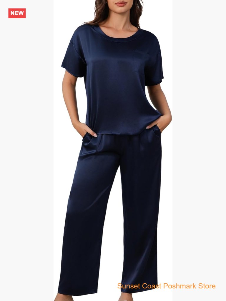 100% Mulberry Silk Womens Pajama Set With Pocket 2 Piece Lounge Sleepwear